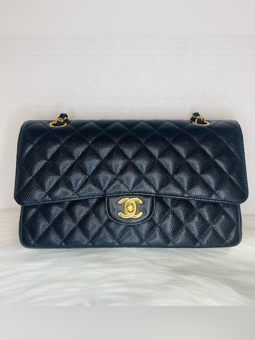 CHANEL Classic Flap Black Caviar Leather Shoulder Bag with Gold Hardware